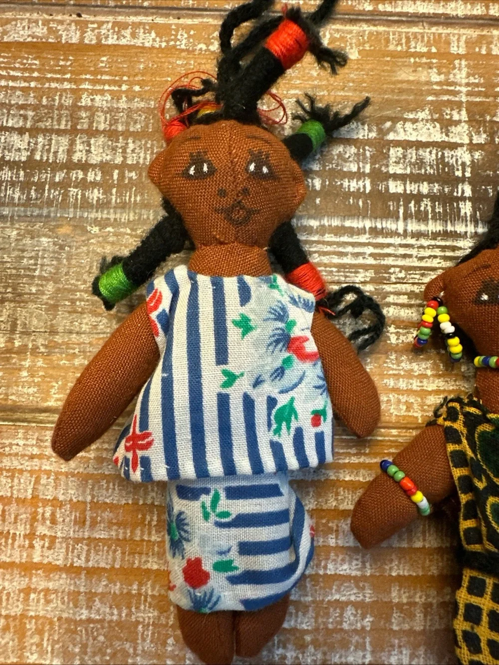 3 Ethnic Handmade Colorful Cloth Yarn African/Caribbean Dolls 5